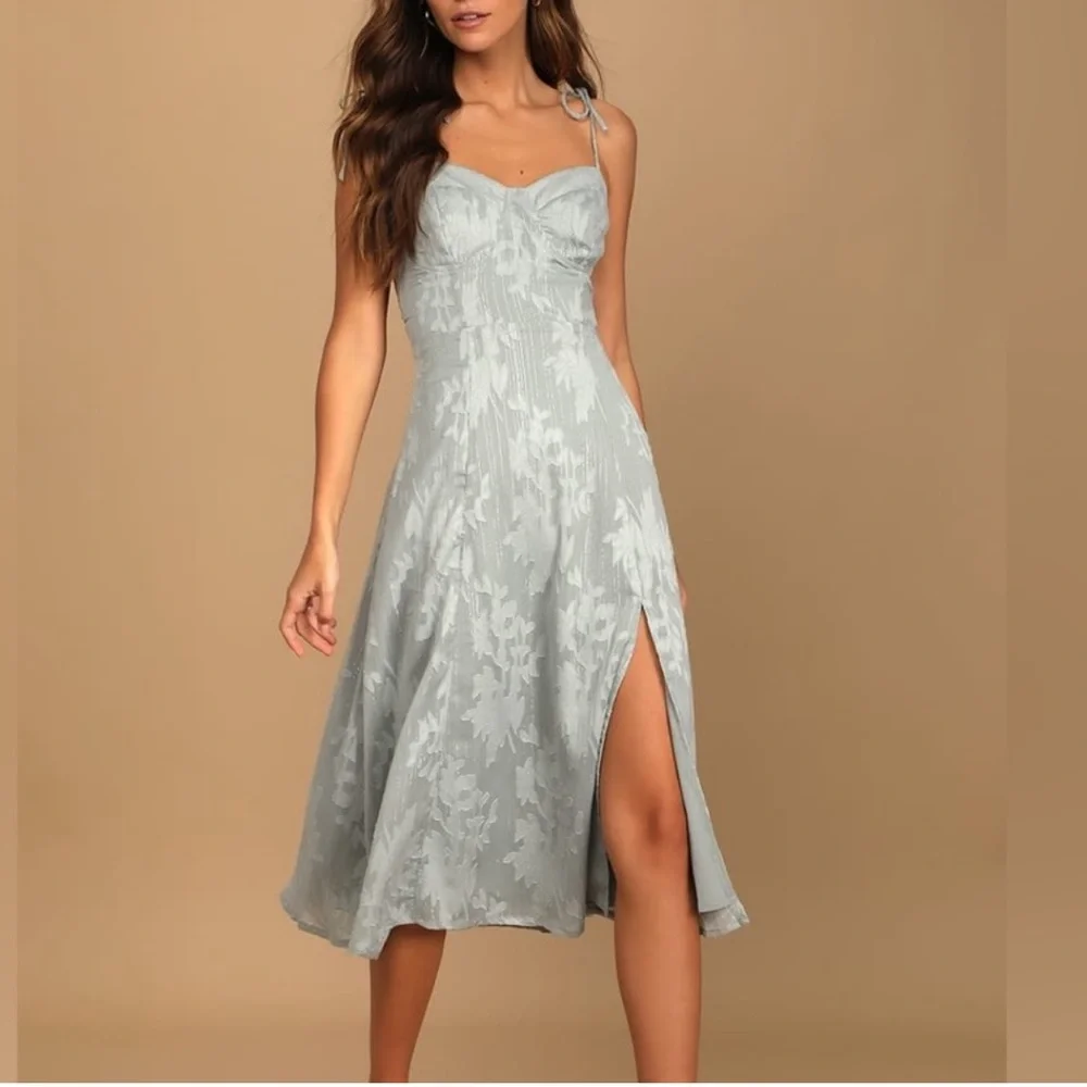 Lulu's Light Gray blue Tie-Shoulder Sweetheart Midi Dress - Picture 1 of 9